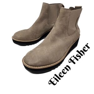 Eileen Fisher Womens Wedge Booties Sz 6M Beige Nubuck Pull On Stretch Ankle